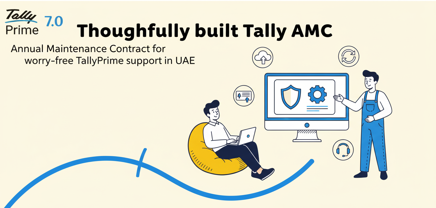 TallyPrime 7.0 AMC illustration showing relaxed business owner and technician maintaining Tally screen with shield and gear icons