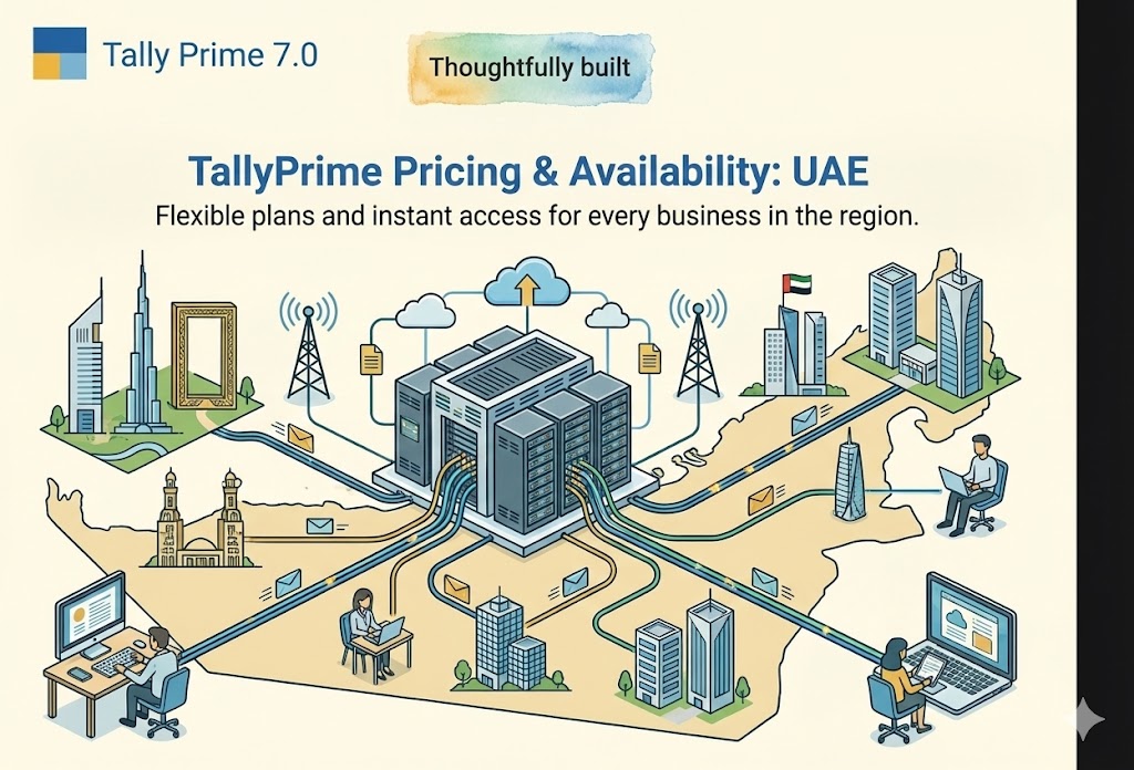 TallyPrime UAE pricing illustration showing data centre connected to all Emirates and users working on Tally