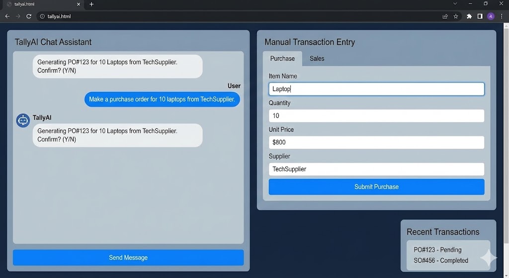 TallyAI chat assistant and manual transaction entry interface for purchase and sales on a web screen