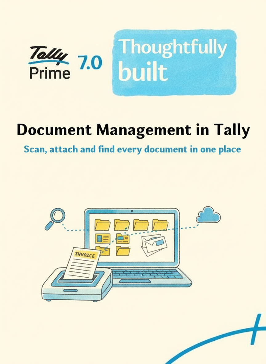 TallyPrime document management poster with laptop, invoices and scanner illustration